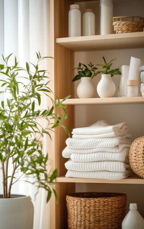 Scandinavian interior with ecological materials. white closet with clothes, close-up.の素材