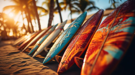 Close-up view of several colorful bright surfboards lying on the wall at the beach.の素材