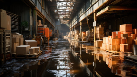 Flooded warehouse with cardboard boxes floating on water due to flooding. natural disaster insuranceの素材