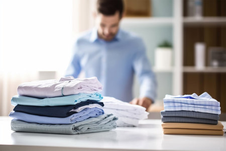 close-up of washed and ironed clothes on the table in the room.man doing houseworkの素材