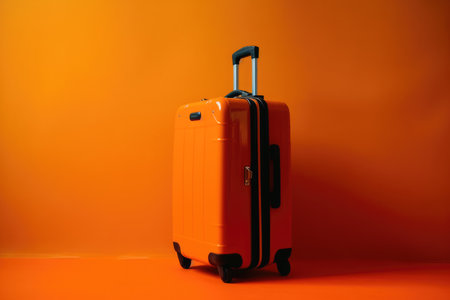 new modern orange suitcase on orange background.copy spaceの素材