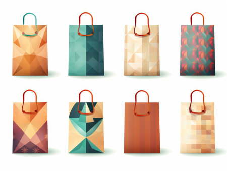 assortment of paper shopping bags with an ornament and a handle on a white background.の素材