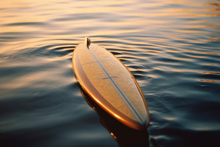 surfboard on calm water surface at sunset.の素材
