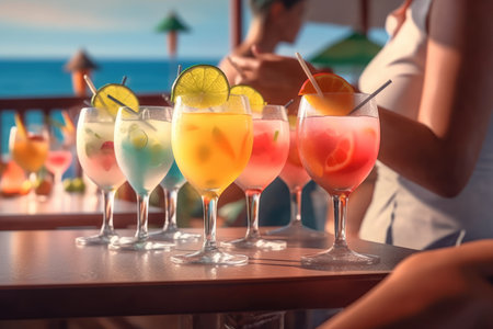 young woman sitting at a table with refreshing cocktails by the sea.の素材