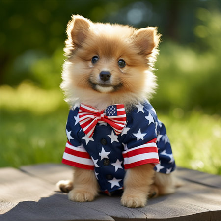 cute puppy proudly wears patriotic clothing inspired by the american flag.の素材