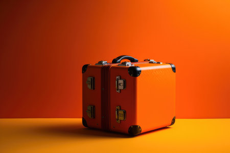 new modern orange suitcase on orange background.copy spaceの素材