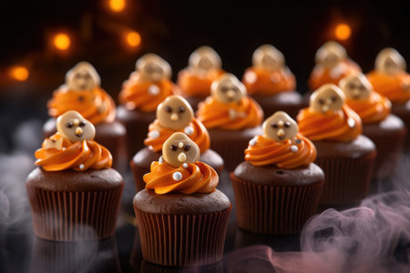 homemade pancakes stylized for Halloween. candles, bats and pumpkins. halloween background.の素材