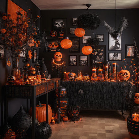 shop selling Halloween accessories and pumpkins. stylized showroom with ghosts and spidersの素材