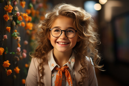 Cheerful schoolgirl in glasses in the school corridor at recess. back to school.の素材