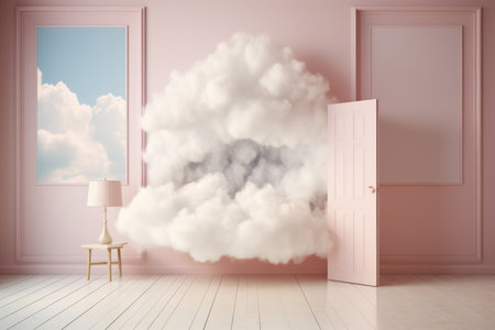 abstract decorative background. White fluffy clouds around the doorway and envelop everything around .delicate pastel shades.の素材