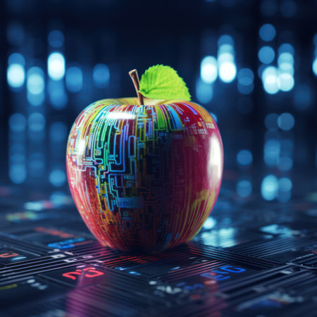 electronic circuits on apple in laboratory.の素材