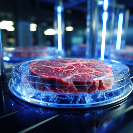 Fibers of beef meat artificially grown in the laboratory. Bright modern roomの素材