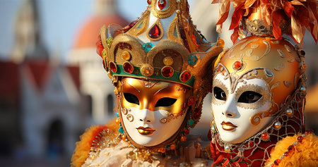 Image of a mysterious woman and a man in a beautiful carnival white mask with gold and colorful costumes, standing against the backdrop of the famous Venetian canals.の素材