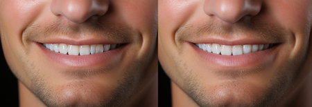 close-up of a beautiful male smile before and after with clean and white teeth. the concept of personal hygiene and visiting the dentistの素材