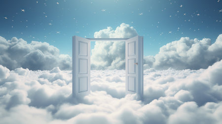 abstract decorative background. White fluffy clouds around the doorway and envelop everything around .delicate pastel shades.の素材
