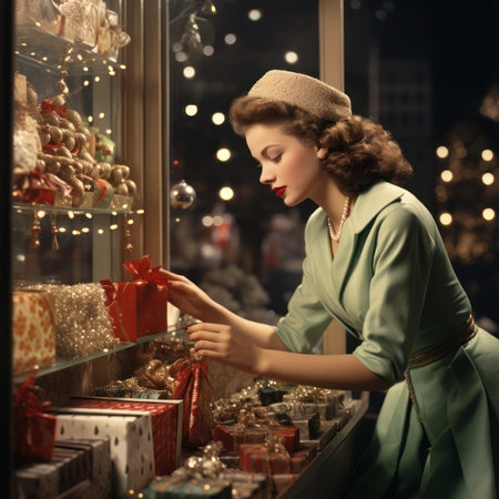 a beautiful woman seller in a light dress decorates a window for Christmas .preparation for holiday sales. postcard or illustration for bookの素材