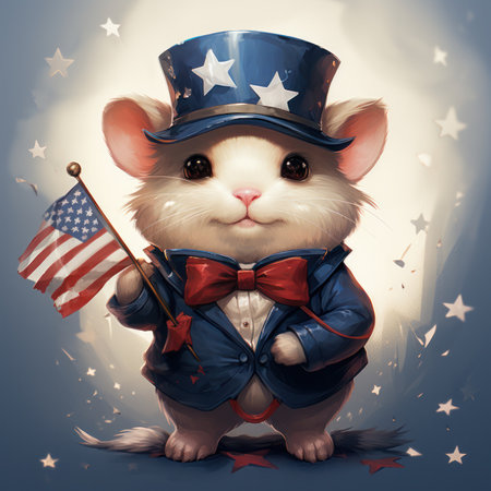 an adorable cute hamster dressed in patriotic American clothing, with a star-studded hat and bow tie.の素材