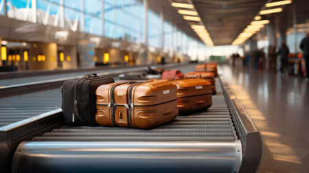 Baggage moving on an airport conveyor belt in an empty airport arrivals hall.の素材