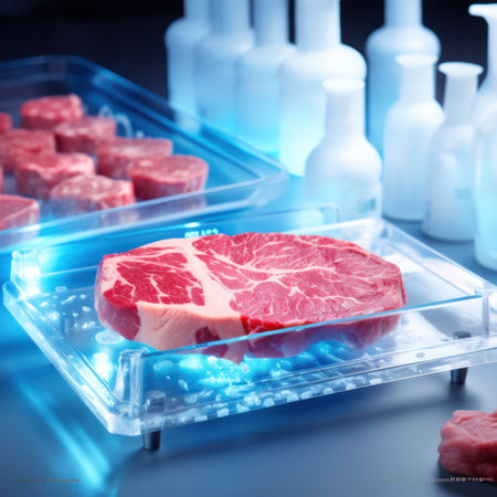 Piece of meat analyzed in lab, stock image, bright lighting, very clean labの素材