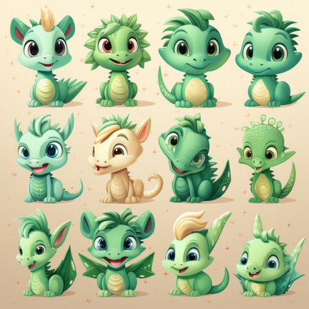 Clipart set of cartoon green wooden dragon with different emotions.の素材