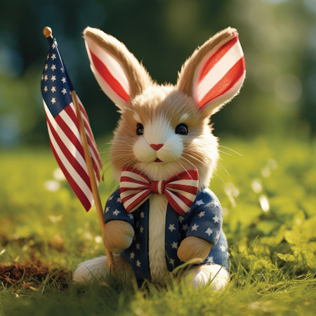 cute rabbit in clothes, with the American flag, with a bow tie in the style of the flag. the rabbit holds in its paws a miniature American flag, symbolizing unity and patriotism.の素材