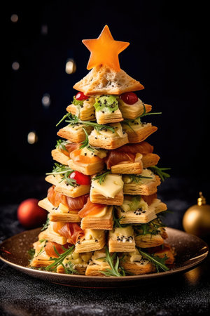 Christmas tree made of puff pastries, cheese, ham and arugula with a star on top. photo of Christmas food. copy spaceの素材