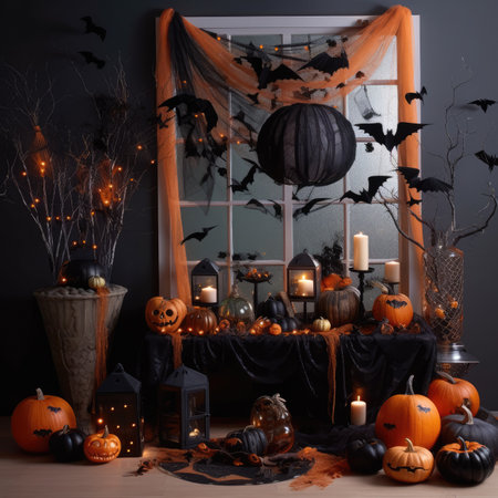 shop selling Halloween accessories and pumpkins. stylized showroom with ghosts and spidersの素材