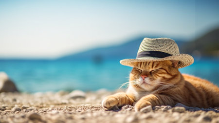 red-haired imposing cat in a white straw hat on a sandy beach under the sun. concept of rest and relaxation.の素材