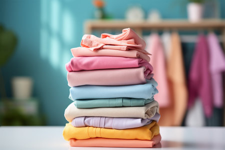 A stack of freshly washed laundry on washing machine background.の素材