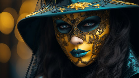 Image of a mysterious woman in a beautiful carnival blue mask with gold, standing against the backdrop of the famous Venetian canals.の素材