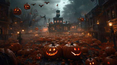 house with pumpkins at night, halloween mood style, nightmarish illustrations.Happy Halloween and Scary Night background.の素材