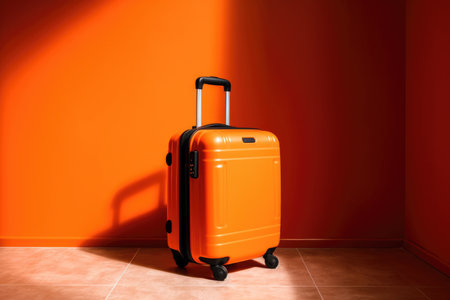 new modern orange suitcase on orange background.copy spaceの素材