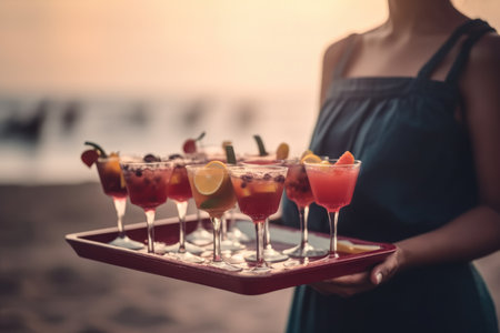 waiter girl holding cocktails and soft drinks on a tray against the backdrop of the sea.の素材