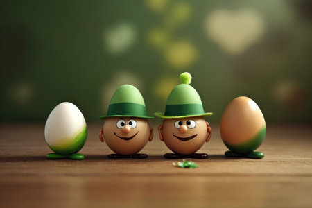 eggs in the form of a leprechaun with green caps and gold on a wooden table on a blurred background. . patricks dayの素材