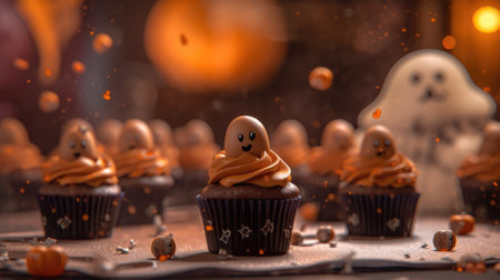 homemade pancakes stylized for Halloween. candles, bats and pumpkins. halloween background.の素材