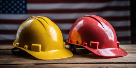 yellow and red builders helmets on a wooden table against the background of the flag. labor day in America.の素材