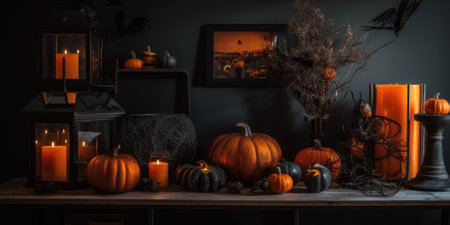 shop selling Halloween accessories and pumpkins. stylized showroom with ghosts and spidersの素材