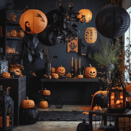 shop selling Halloween accessories and pumpkins. stylized showroom with ghosts and spidersの素材