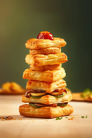pastries from puff pastry, biscuits with filling on the table. close up side view.の素材
