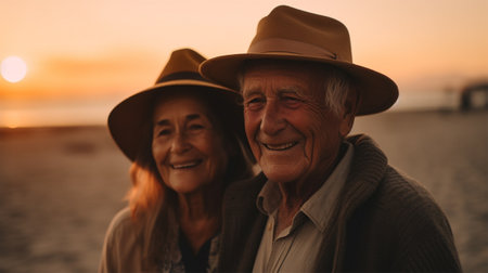 elderly happy couple in cool weather near the sea at sunsetの素材
