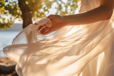 a womans hand holds a light white transparent fabric fluttering in the wind against the backdrop of the sea and palm trees .の素材