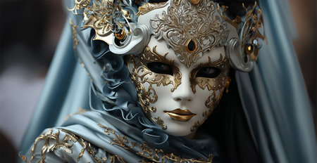 Image of a mysterious man in a beautiful carnival white mask with gold, standing against the backdrop of the famous Venetian canals.の素材