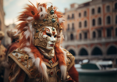 Image of a mysterious man in a beautiful carnival white mask with gold, standing against the backdrop of the famous Venetian canals.の素材