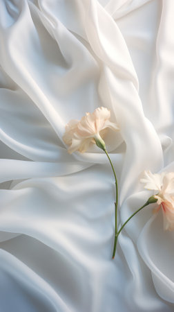 carnation on spotless white draped with a soft white cloth. Still life photography and minimalist compositionの素材