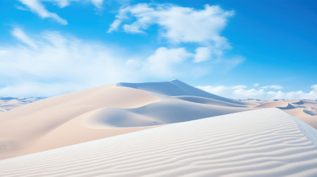 Endless desert with white sand stretching across the primeval desert. Landscape photography, desert background with patterns of sand waves against the blue skyの素材