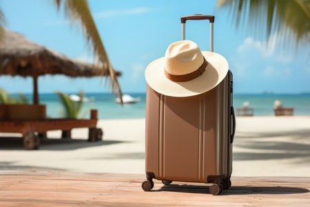 brown Suitcase with a hat standing on a clean tropical background with palm trees, copy space,の素材