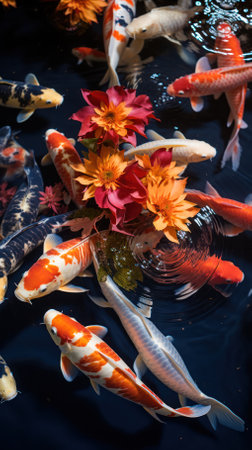 background with bright koi fish radiating a peaceful aura in oriental harmony. zen pond. Koi fish in a dark water pond filled with colorful flowers and leavesの素材