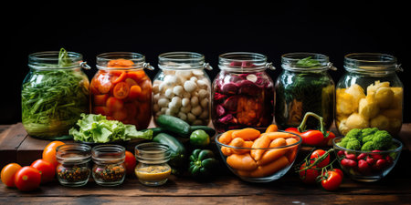 Fresh vegetables and fruits on a wooden table preparing for canning in glass jars. rustic style.の素材