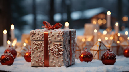 gifts and Christmas toys on the snow against the background of festive illumination, copy space. Christmas, snow, Christmas atmosphereの素材