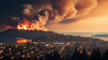 engulfed forest fires come close to the city and houses, environmental problems and disaster.の素材
